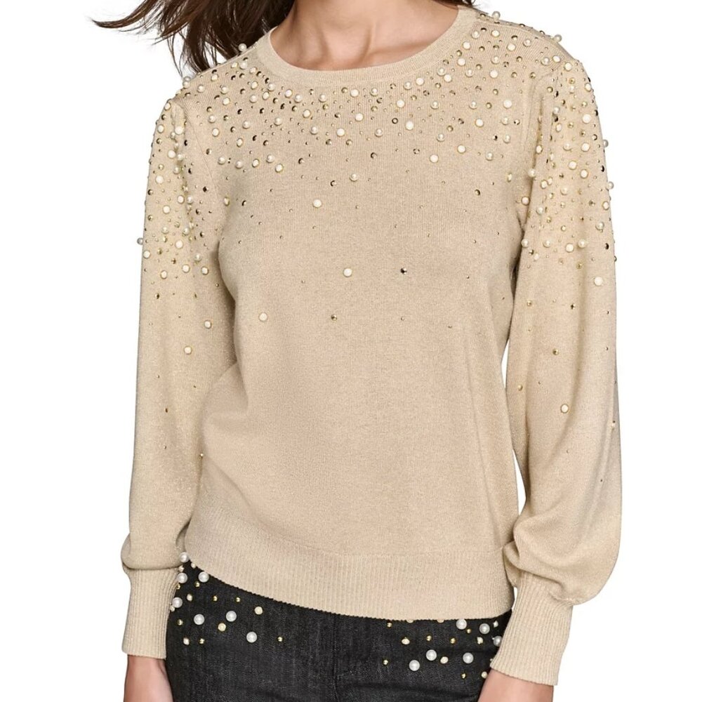 KARL LAGERFELD (M) Champagne Gold Imitation Pearl Embellished Crewneck Sweater